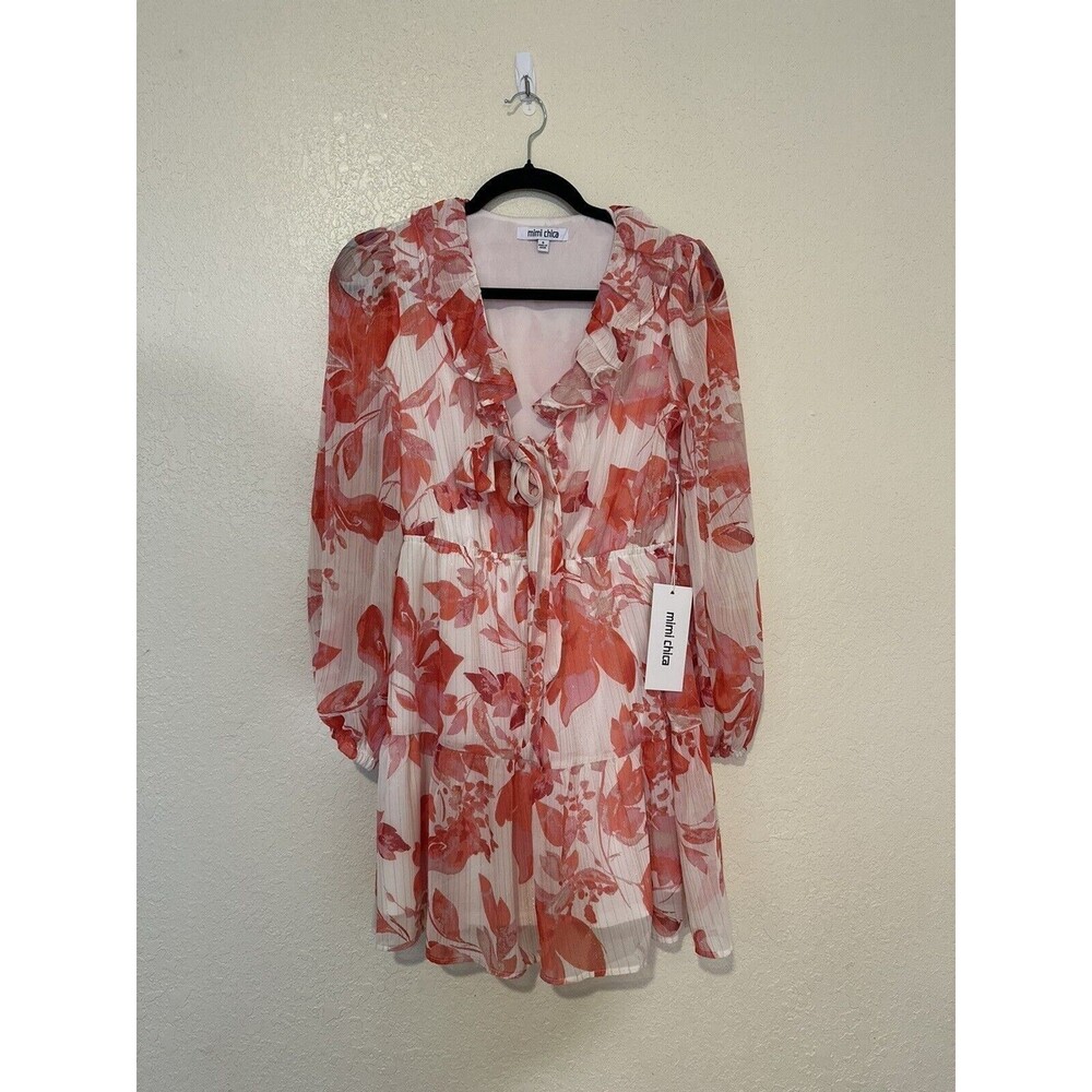 Mimi Chica Floral pink Long Sleeve Ruffle Tie Dress Size Small Chifon Mini - Picture 2 of 14
